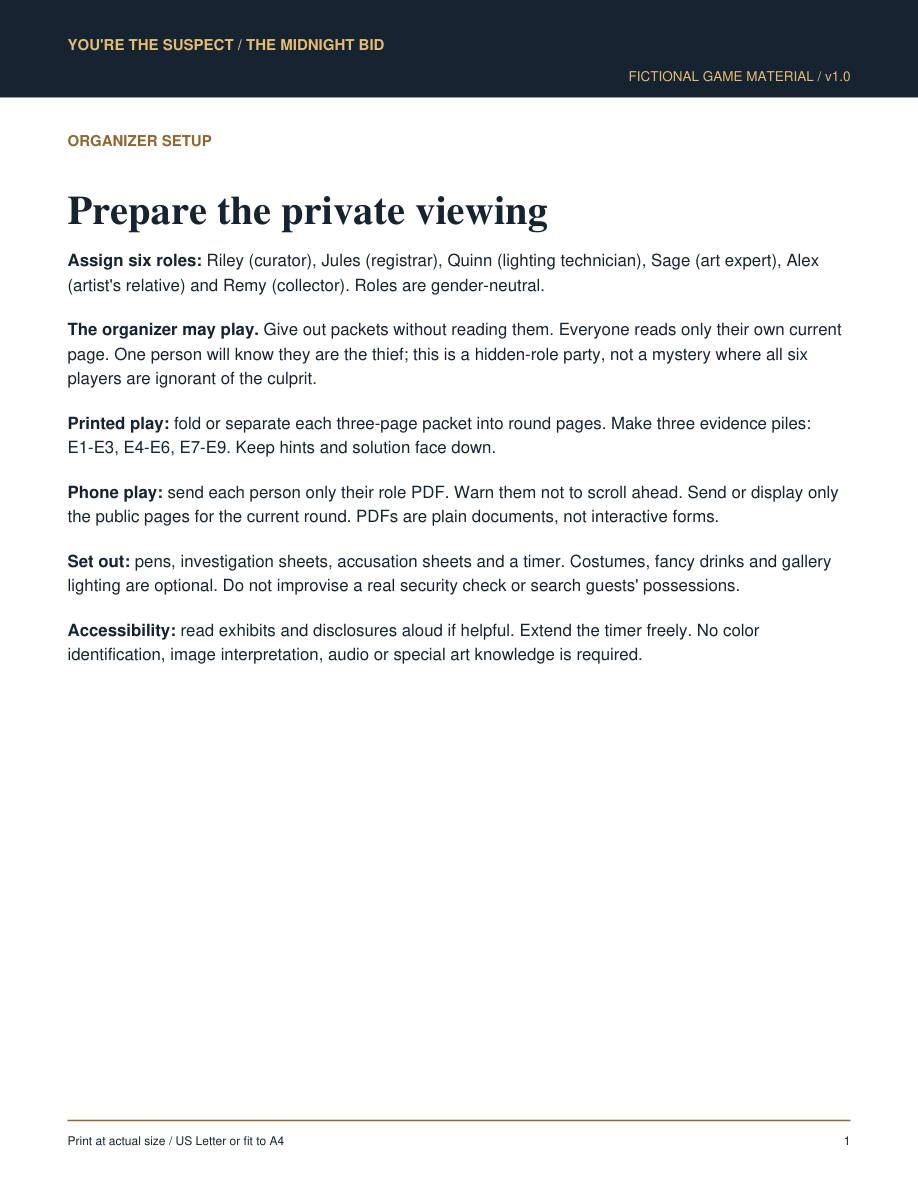Actual spoiler-free first page of The Midnight Bid host guide